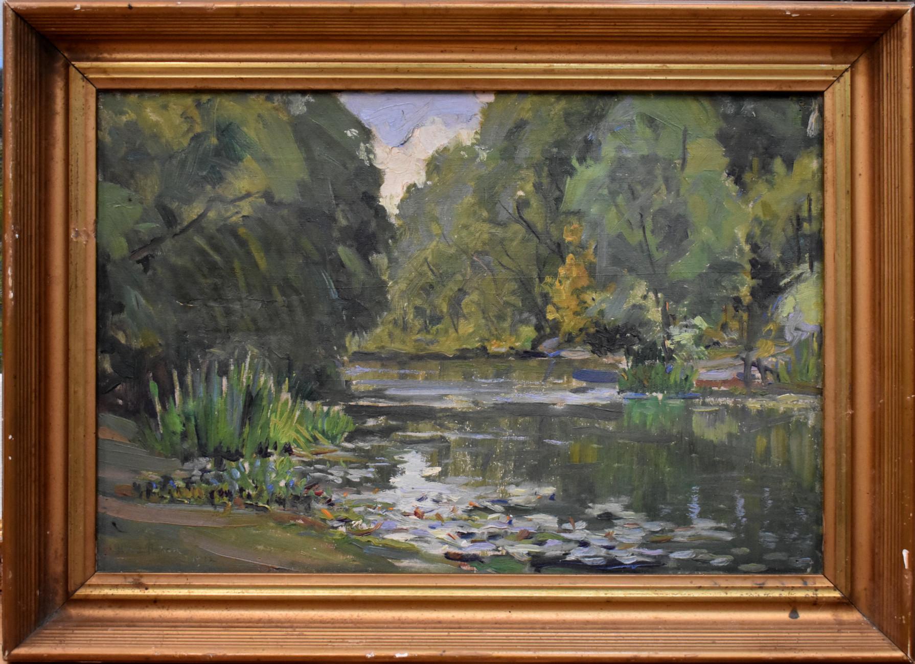 Olive Brack Landscape Painting - "LILY PADS" DATED 1912.  SAN ANTONIO RIVER. OLIVE BRACK (1890-1957)