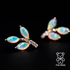 Olive Branch Leaf Design Australian Solid Opal Diamond Stud Earrings 14K