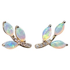 Olive Branch Leaf Design Australian Solid Opal Diamond Stud Earrings 14K