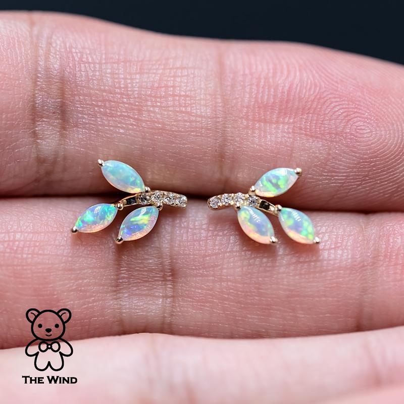 Brilliant Cut Olive Branch Leaf Design Australian Solid Opal Diamond Stud Earrings 14K Yellow  For Sale