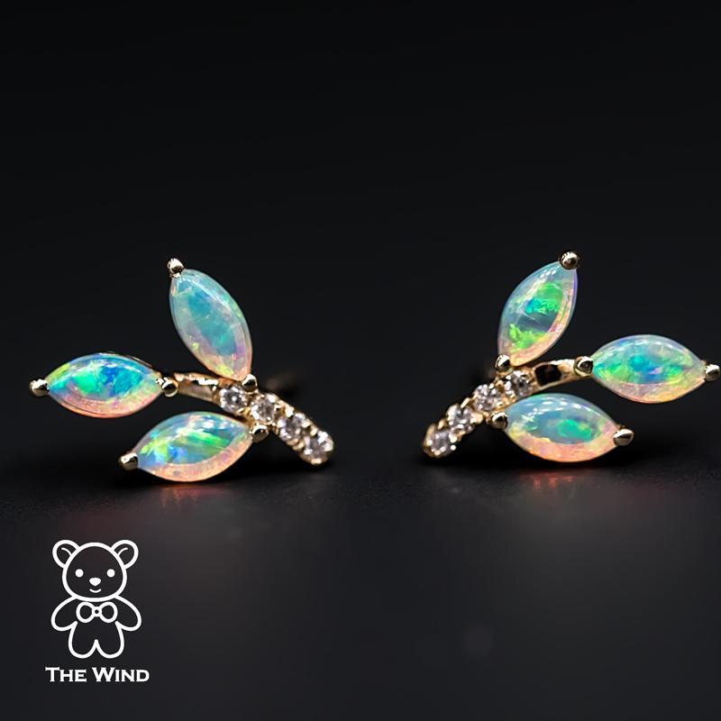 Olive Branch Leaf Design Australian Solid Opal Diamond Stud Earrings 14K Yellow  In New Condition For Sale In Suwanee, GA