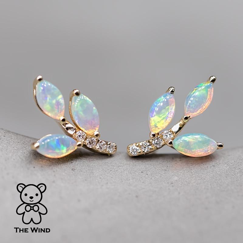 Women's or Men's Olive Branch Leaf Design Australian Solid Opal Diamond Stud Earrings 14K Yellow  For Sale