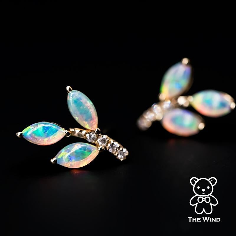 Olive Branch Leaf Design Australian Solid Opal Diamond Stud Earrings 14K Yellow  For Sale 1