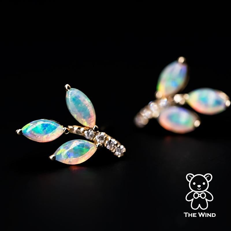Boucles d'oreilles en opale massif australien avec diamant, design Branch/One, jaune 14K 1