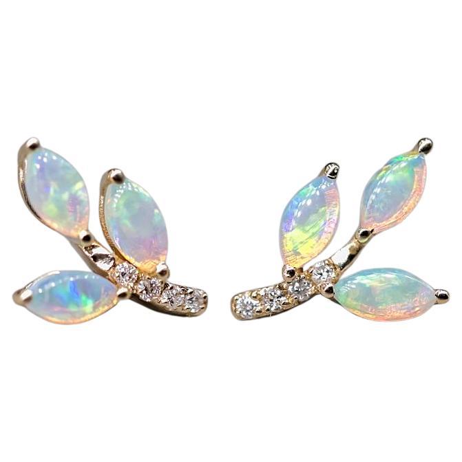 Olive Branch Leaf Design Australian Solid Opal Diamond Stud Earrings 14K Yellow  For Sale