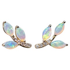 Olive Branch Leaf Design Australian Solid Opal Diamond Stud Earrings 14K Yellow 