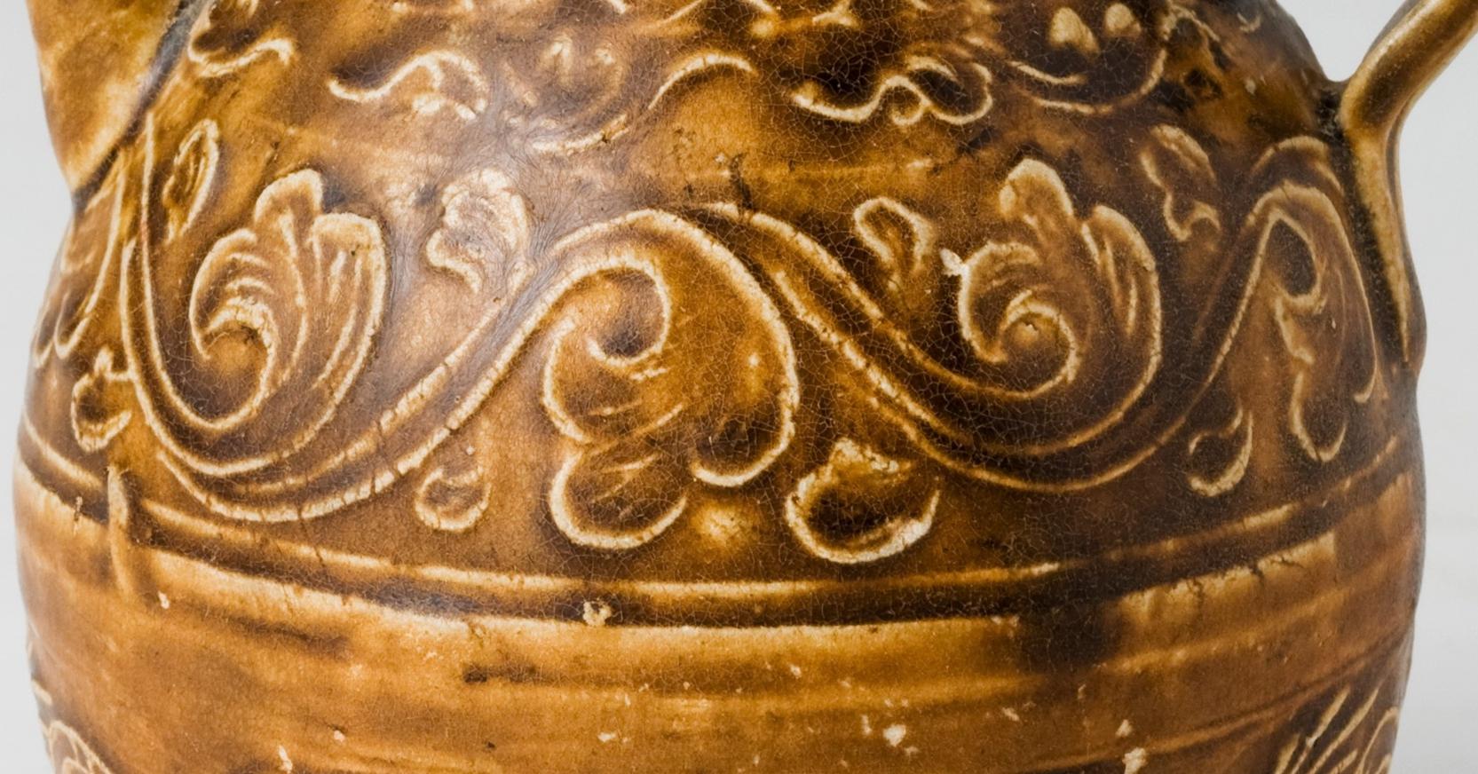 Pottery Olive-Brown-Glazed Molded Ewer And Cover, Song-Yuan Dynasty For Sale