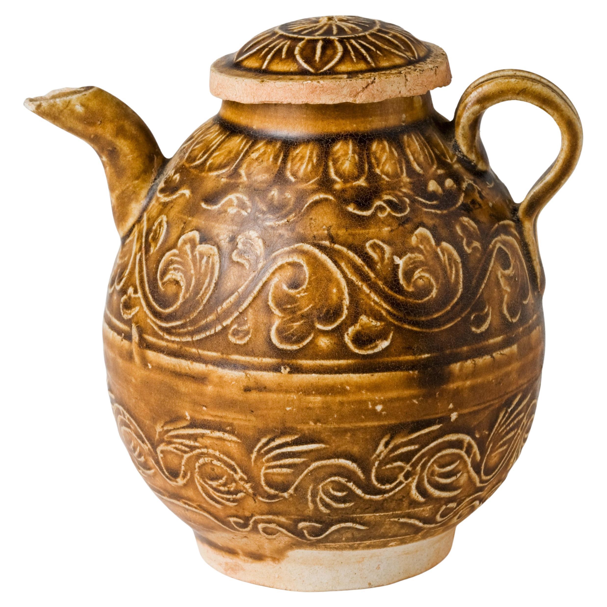 Olive-Brown-Glazed Molded Ewer And Cover, Song-Yuan Dynasty