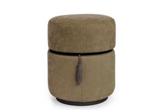 Giorgetti Otto Pouf Ottoman in Olive Nubuck Leather and Extractable Pewter Table