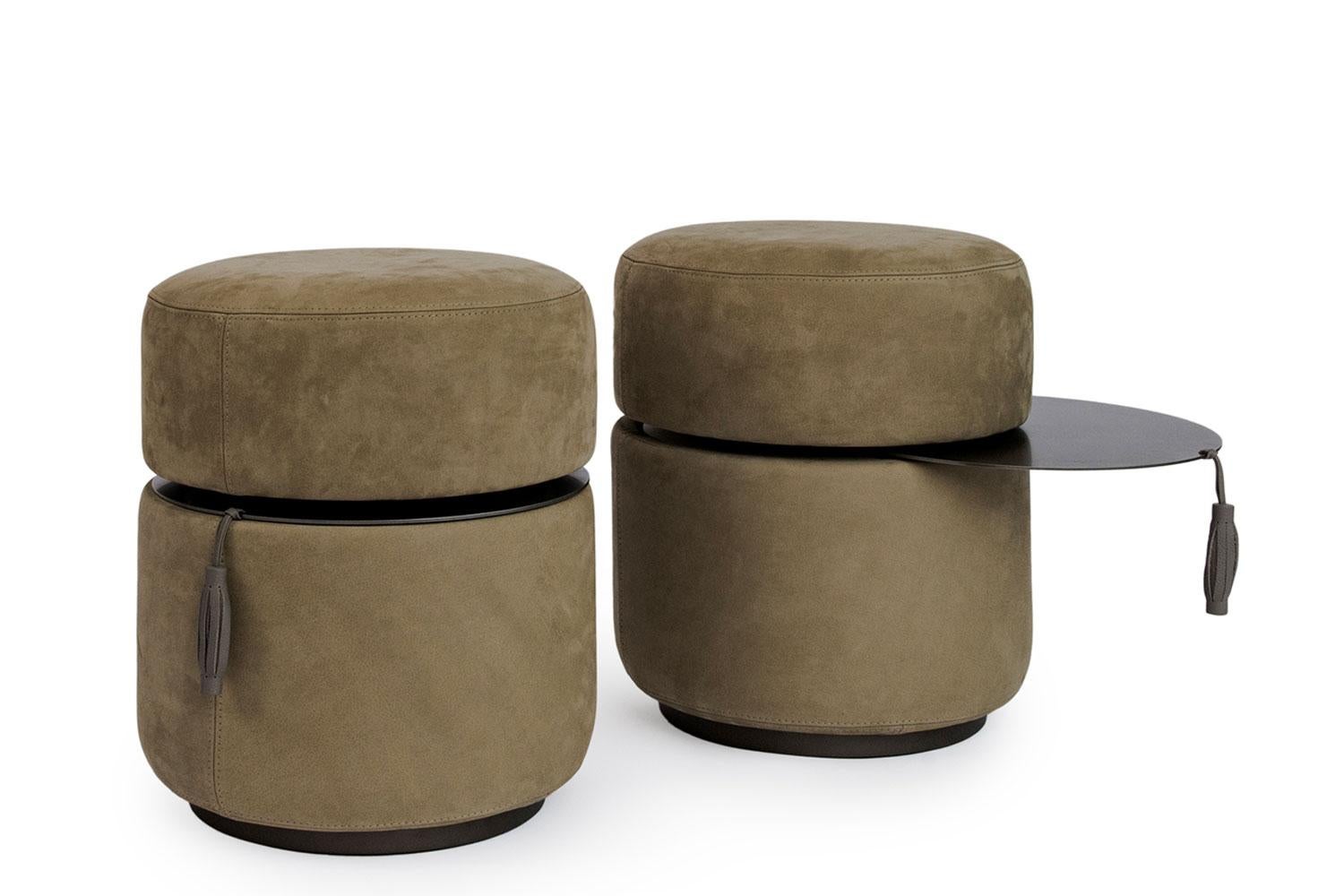 Giorgetti Otto Pouf Ottoman in Olive Nubuck Leather and Extractable Pewter Table In Excellent Condition For Sale In Tulsa, OK