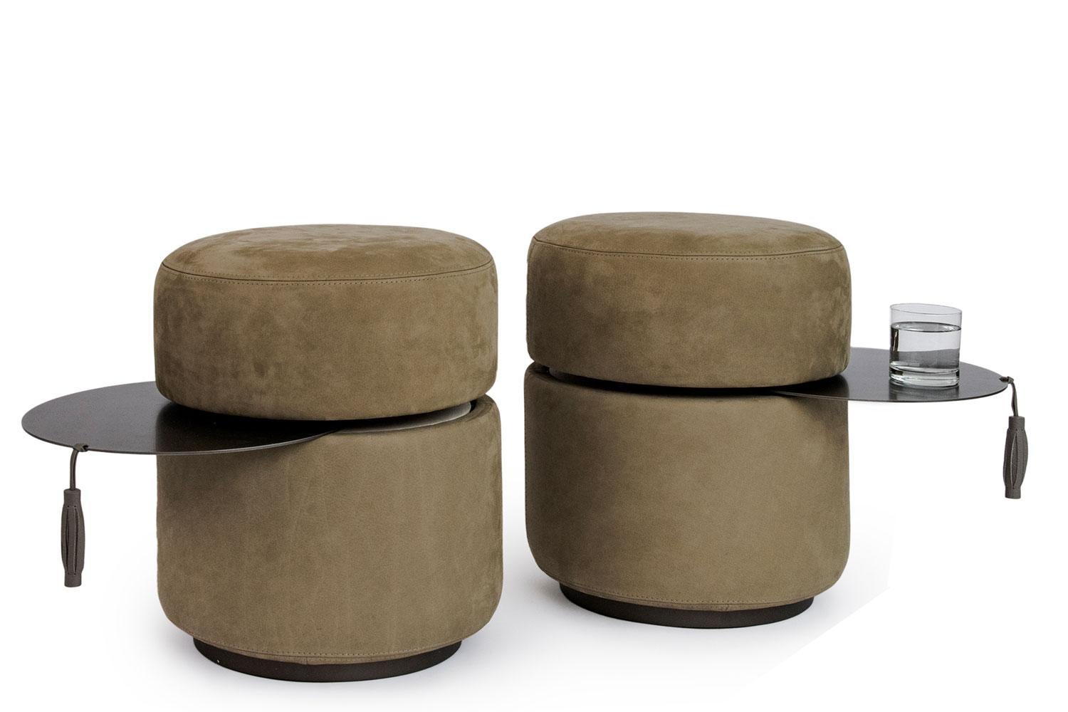 Contemporary Giorgetti Otto Pouf Ottoman in Olive Nubuck Leather and Extractable Pewter Table For Sale