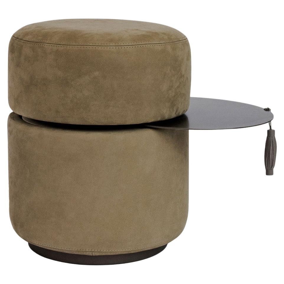 Giorgetti Otto Pouf Ottoman in Olive Nubuck Leather and Extractable Pewter Table For Sale