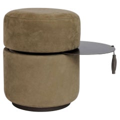 Olive Brown Nubuck Upholstered Ottoman with Painted Steel Swivel Extractable Tra