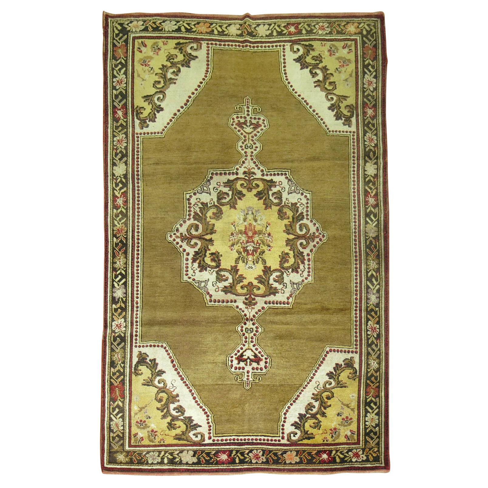 Olive Brown Yellow Turkish Medallion Ghiordes Rug For Sale