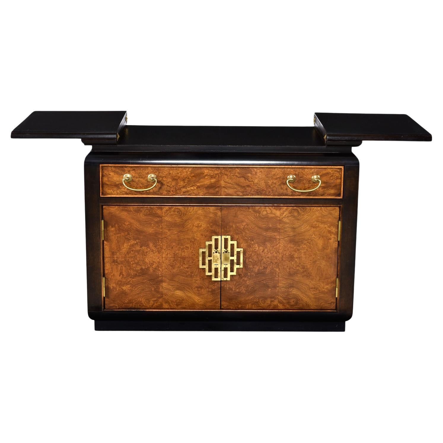 Olive Burl Black Lacquer Asian Modern Campaign Style Brass Accent Server Dry Bar For Sale