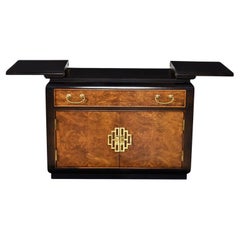 Olive Burl Black Lacquer Asian Modern Campaign Style Brass Accent Server Dry Bar