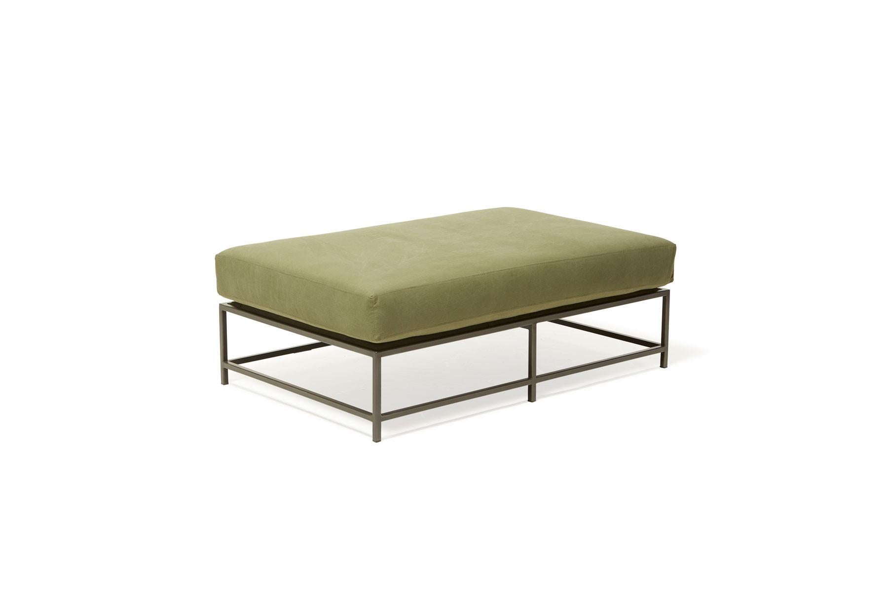 Modern Olive Canvas and Blackened Steel Bench For Sale