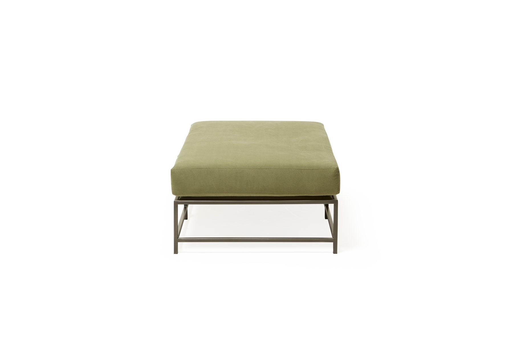 American Olive Canvas and Blackened Steel Bench For Sale