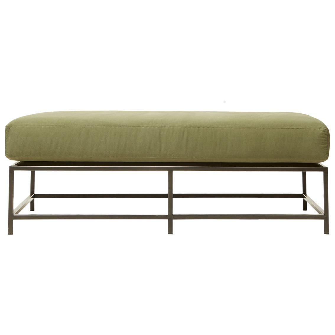 Olive Canvas and Blackened Steel Bench For Sale