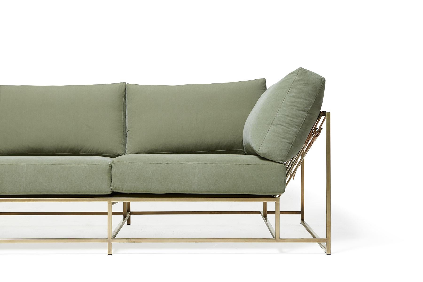 American Olive Canvas & Tarnished Brass Sofa For Sale