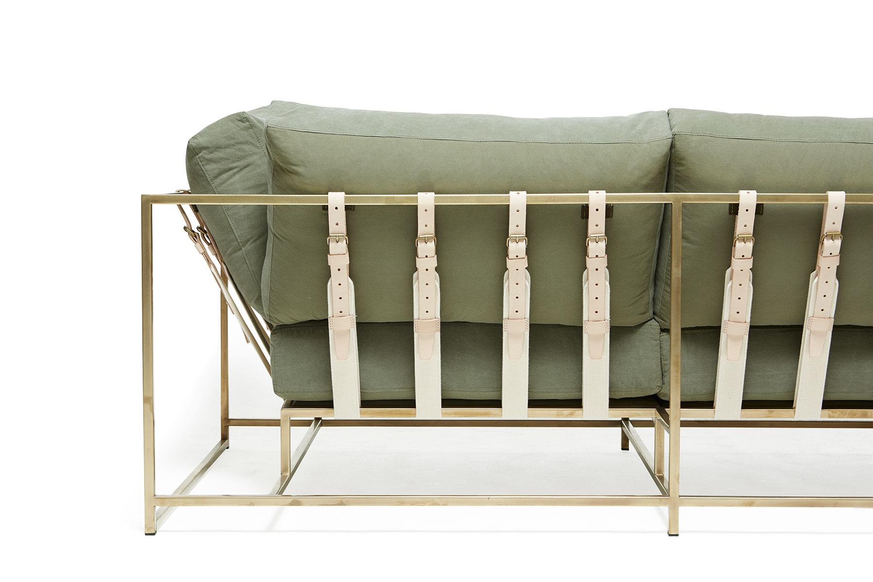 Olive Canvas & Tarnished Brass Sofa In New Condition For Sale In Los Angeles, CA