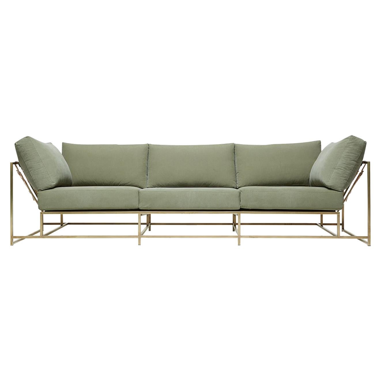 Olive Canvas & Tarnished Brass Sofa For Sale
