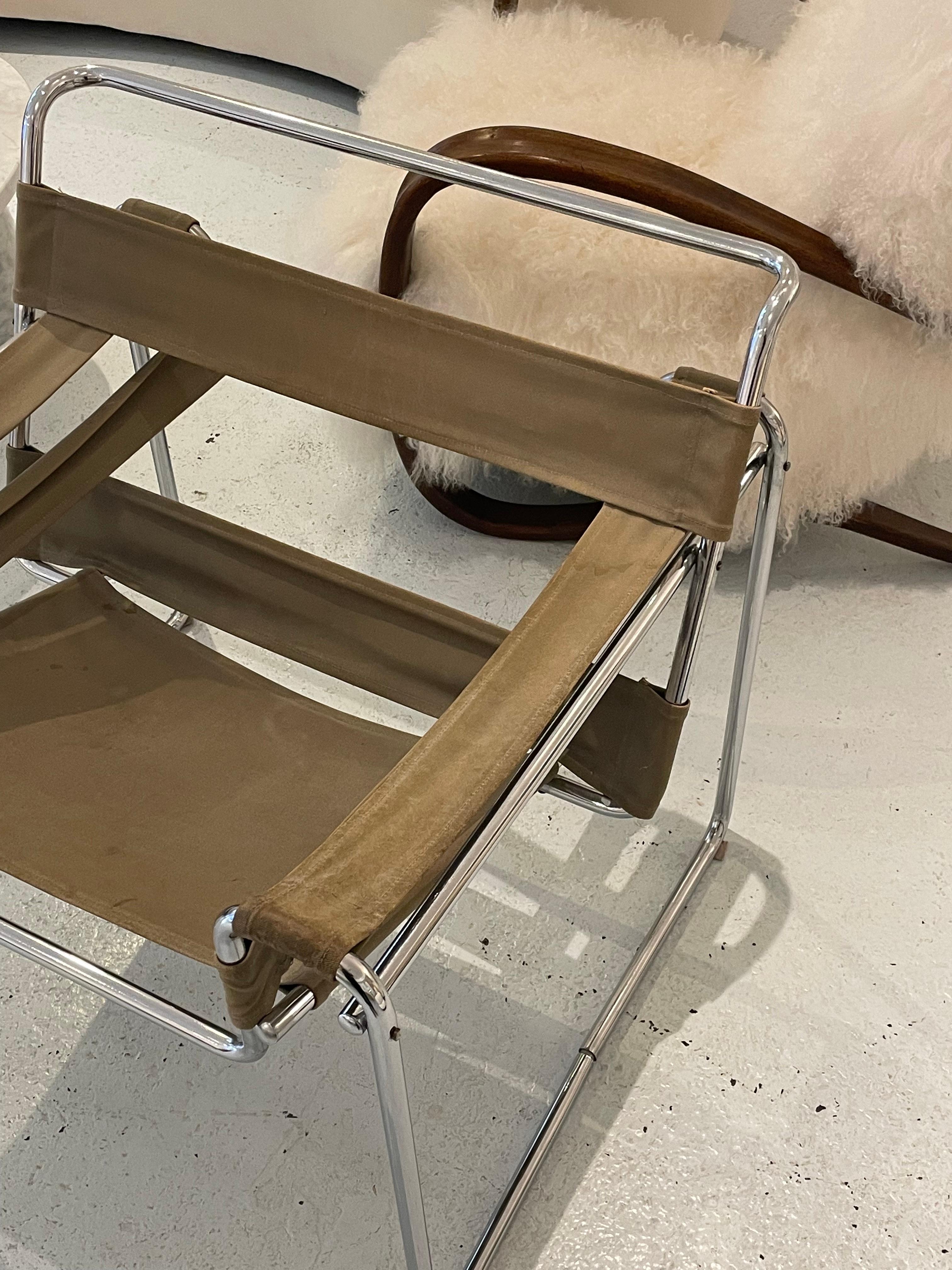 Italian Olive Canvas Wassily Chair by Marcel Breuer, Signed For Sale