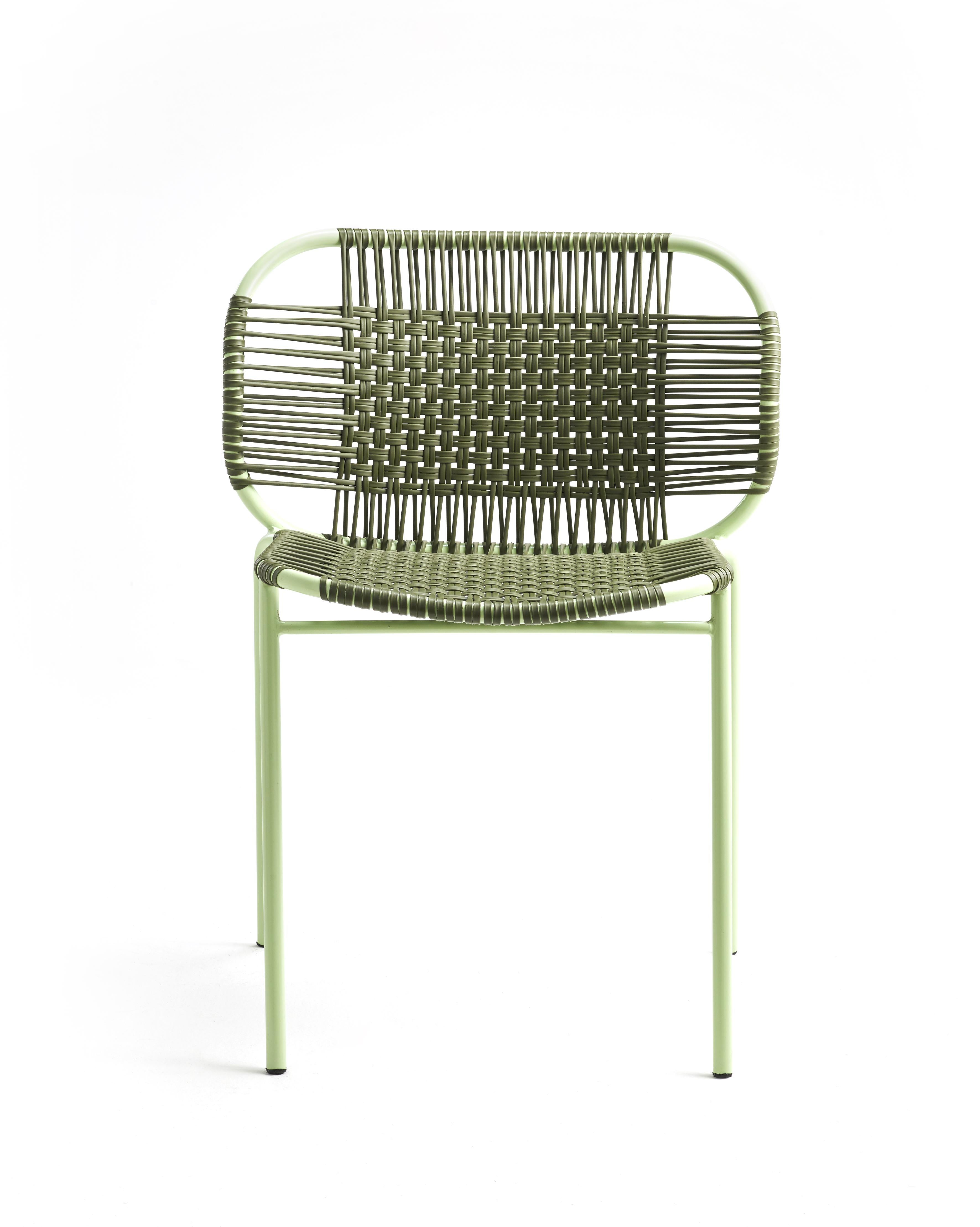 Olive Cielo stacking chair by Sebastian Herkner
Materials: PVC strings, powder-coated steel frame. 
Technique: Made from recycled plastic and weaved by local craftspeople in Cartagena, Colombia. 
Dimensions: W 56 x D 51.4 x H 78 cm 
Also