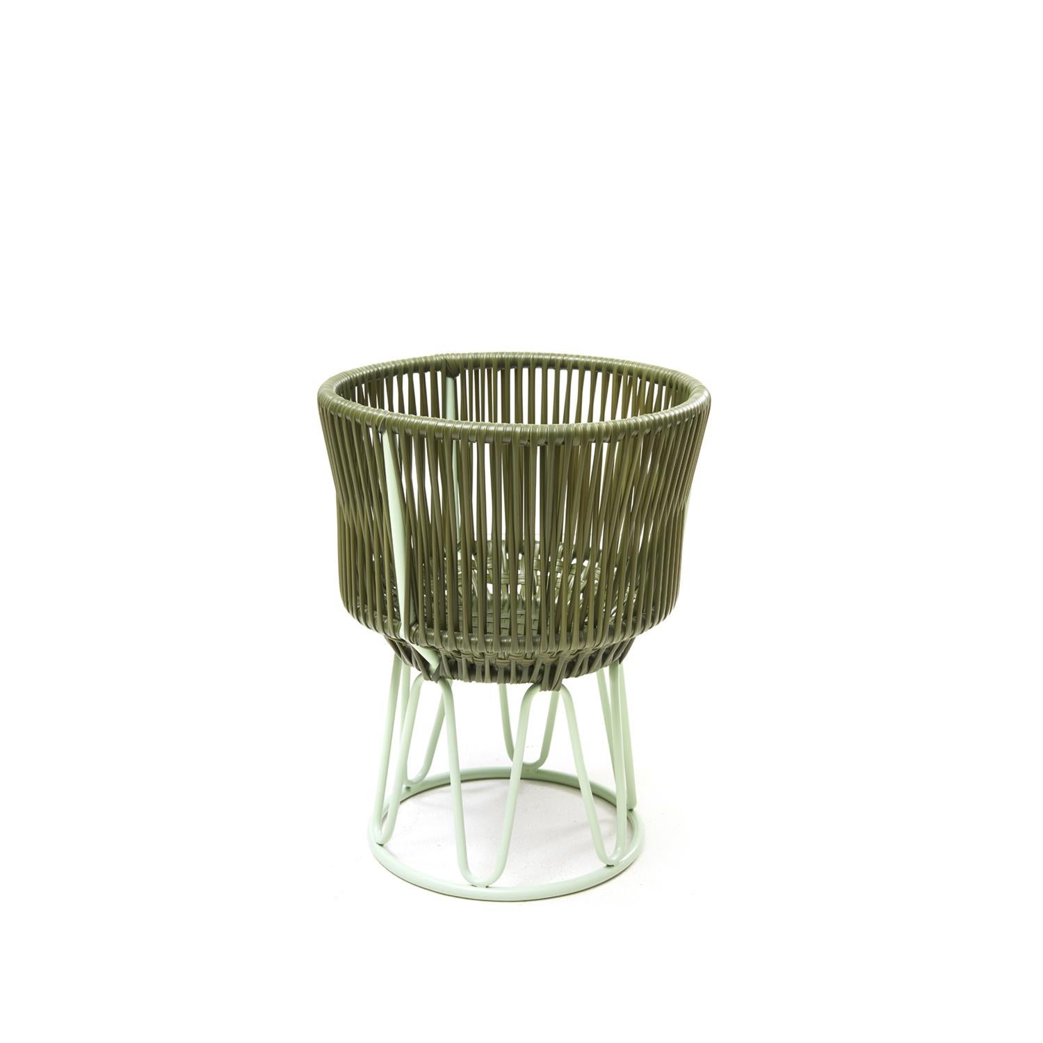 Olive Circo Flower pot 1 by Sebastian Herkner
Materials: Galvanized and powder-coated tubular steel. PVC strings.
Technique: Made from recycled plastic. Weaved by local craftspeople in Colombia. 
Dimensions: 
Top diameter 36 x height 48 cm