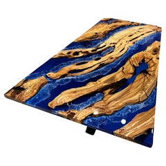 Mesa de comedor de resina epoxi de olivo - Mesa de madera de resina azul