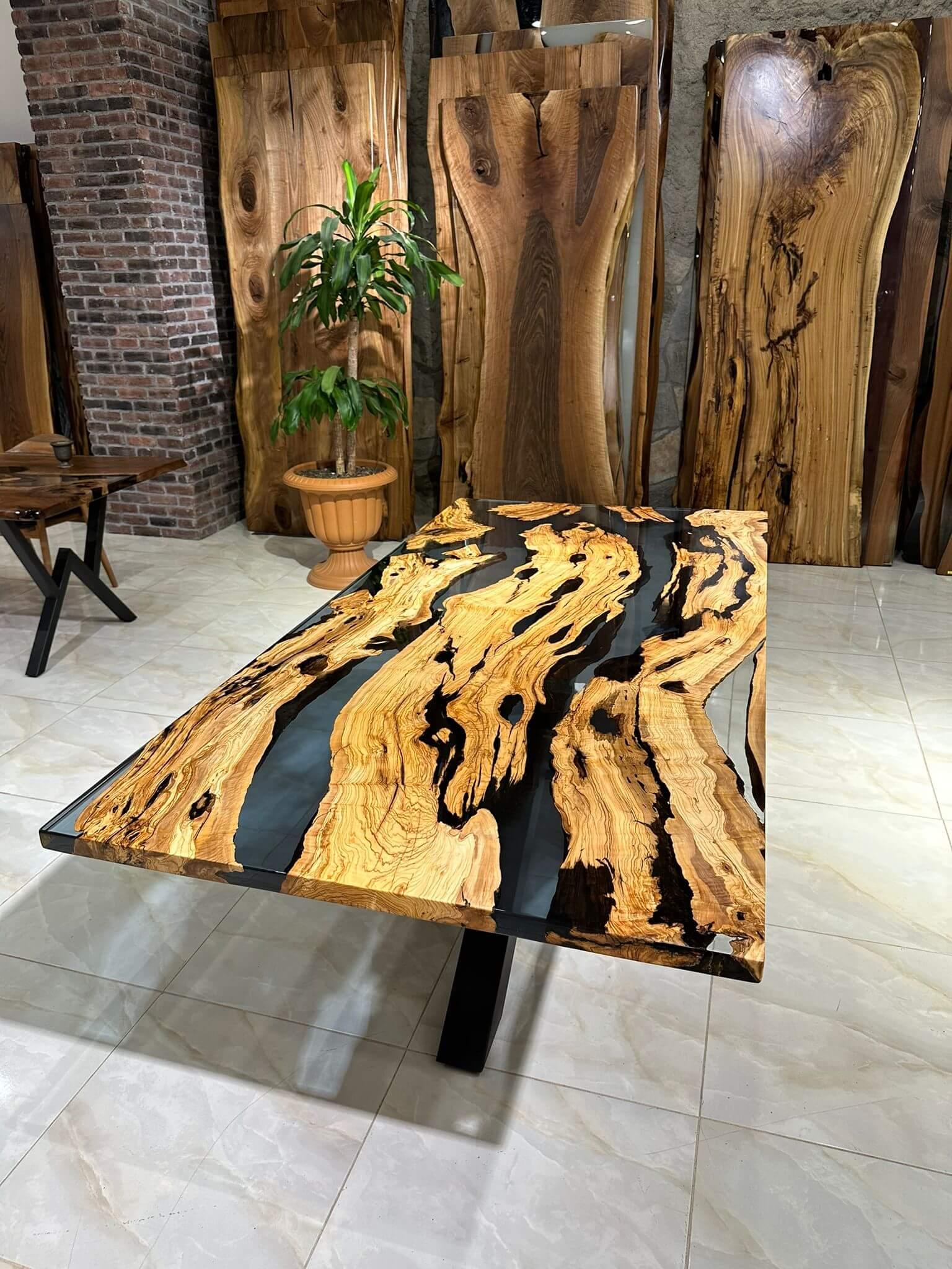 Olive Epoxy Resin River Wooden Modern Dining Table  For Sale 3