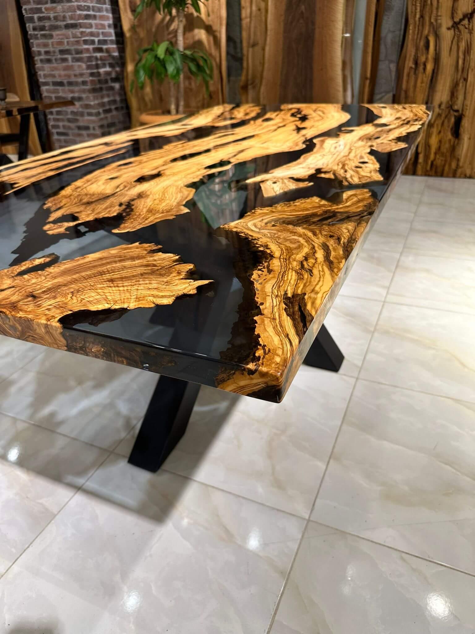 Scandinavian Modern Olive Epoxy Resin River Wooden Modern Dining Table  For Sale