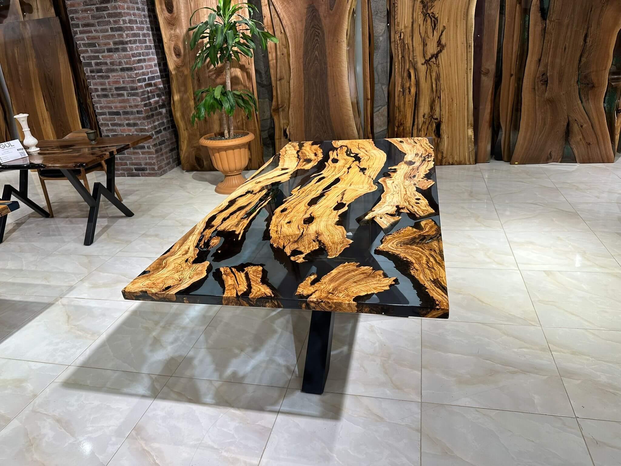 Turkish Olive Epoxy Resin River Wooden Modern Dining Table  For Sale