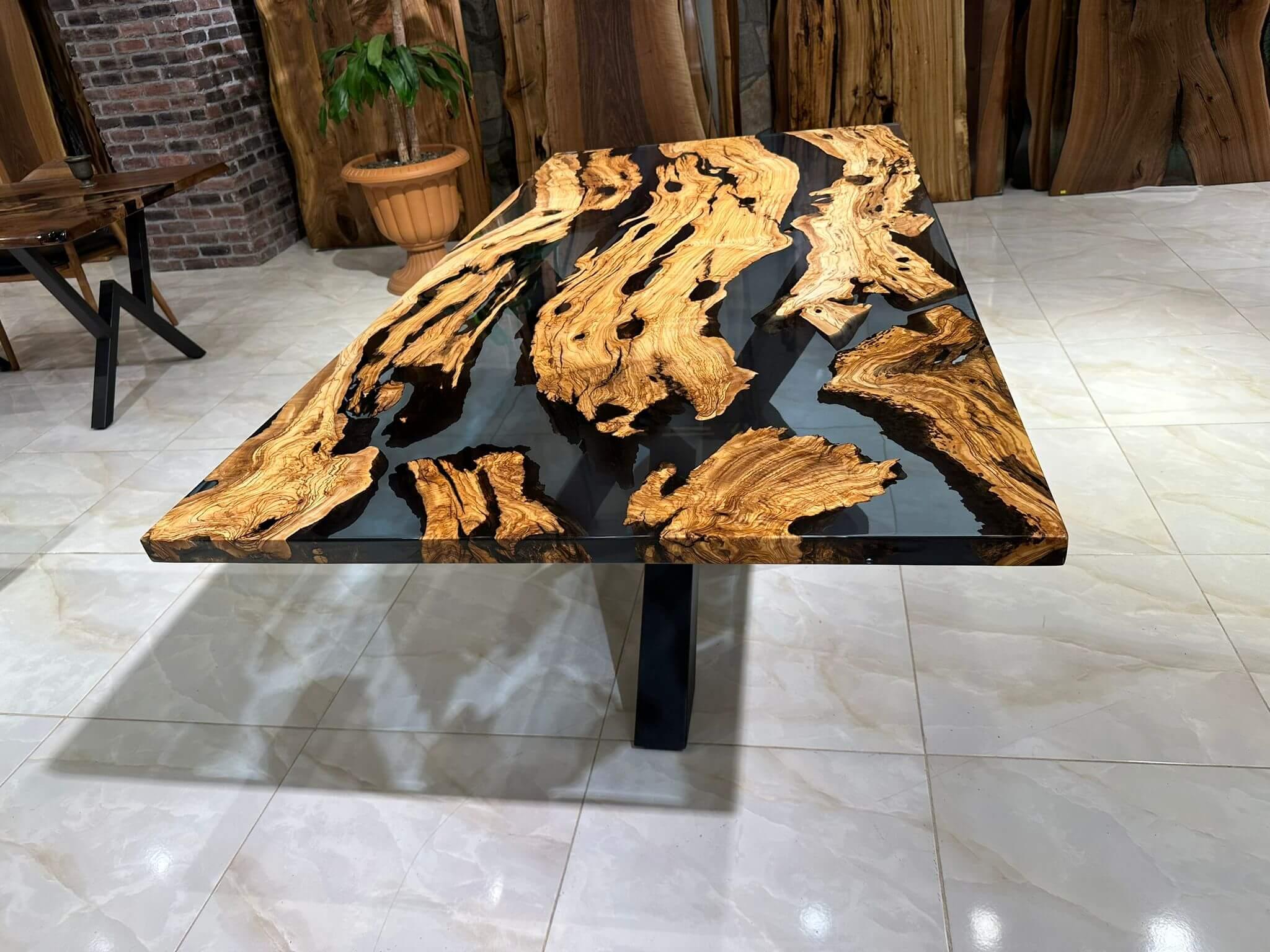 Polished Olive Epoxy Resin River Wooden Modern Dining Table  For Sale