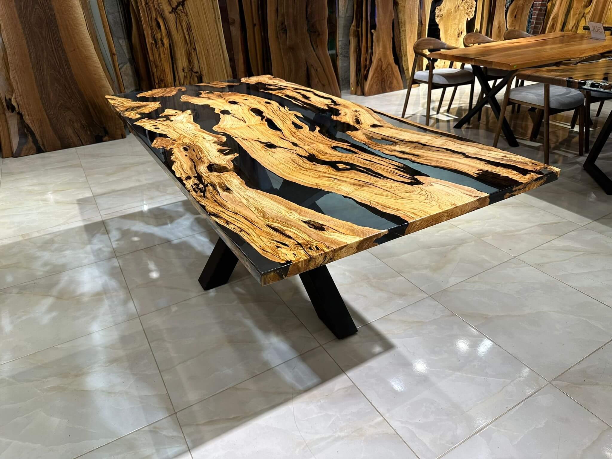 Contemporary Olive Epoxy Resin River Wooden Modern Dining Table  For Sale