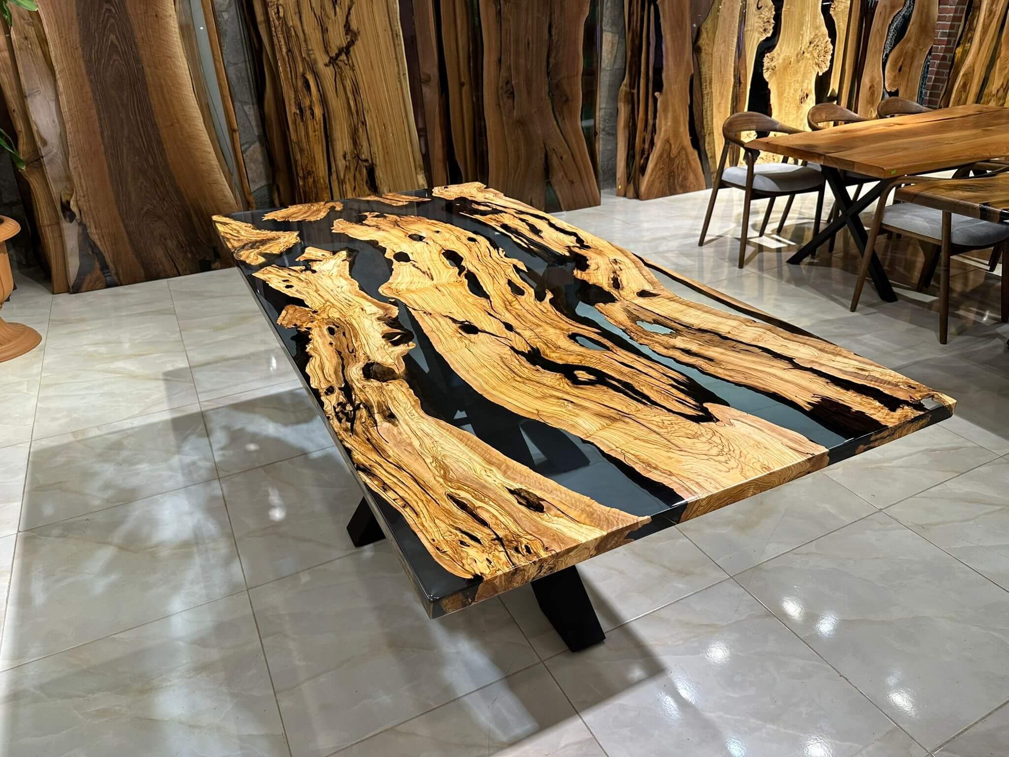 Olive Epoxy Resin River Wooden Modern Dining Table  For Sale 1