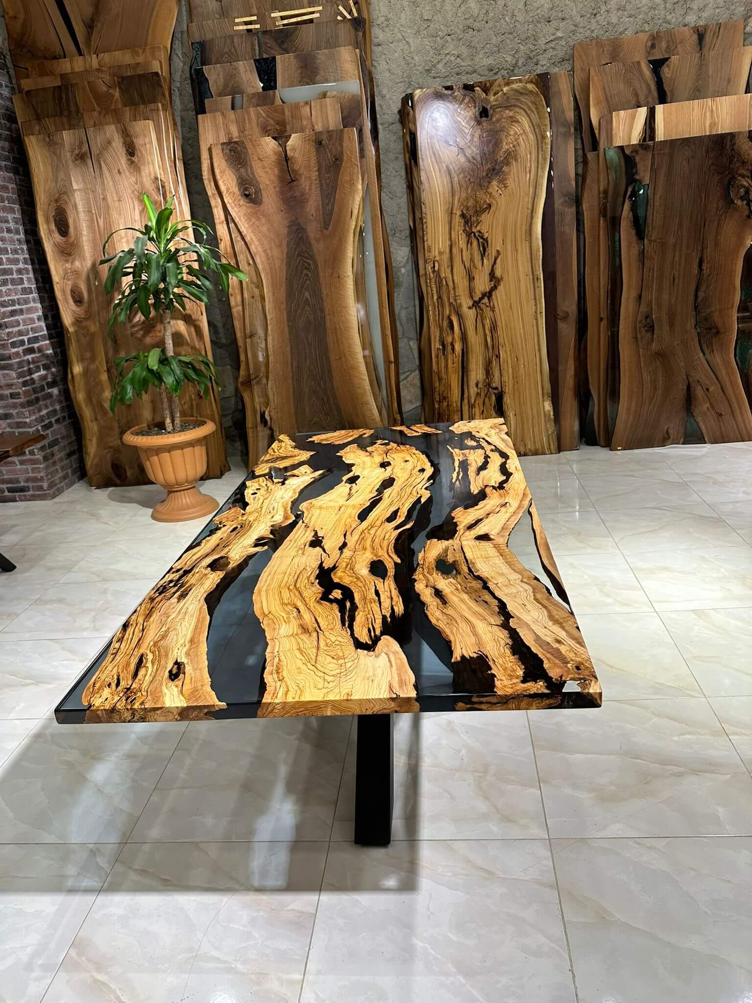 Olive Epoxy Resin River Wooden Modern Dining Table  For Sale 2