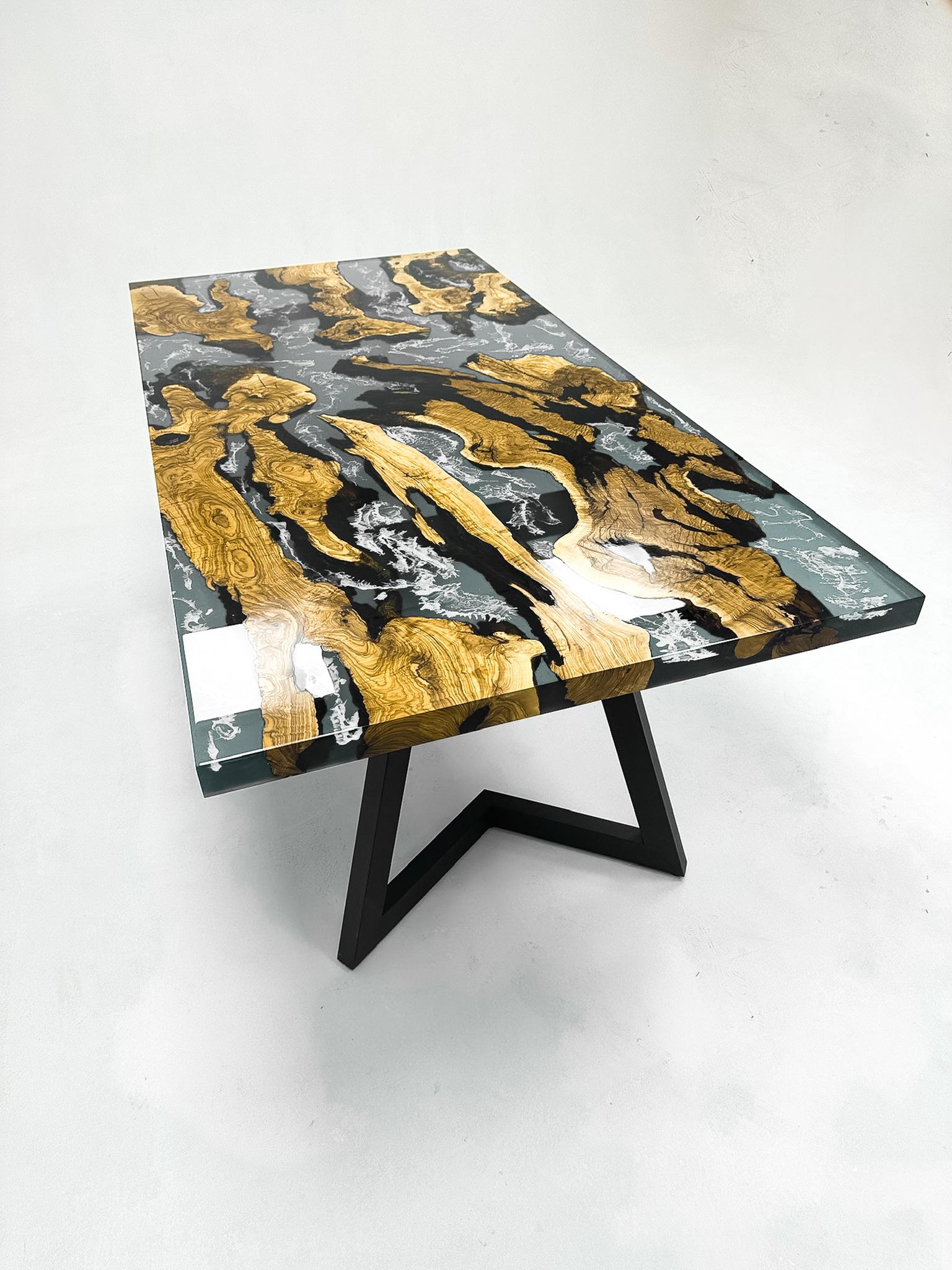 Table de salle à manger en bois de résine époxy olive - Table de rivière en résine en vente 2