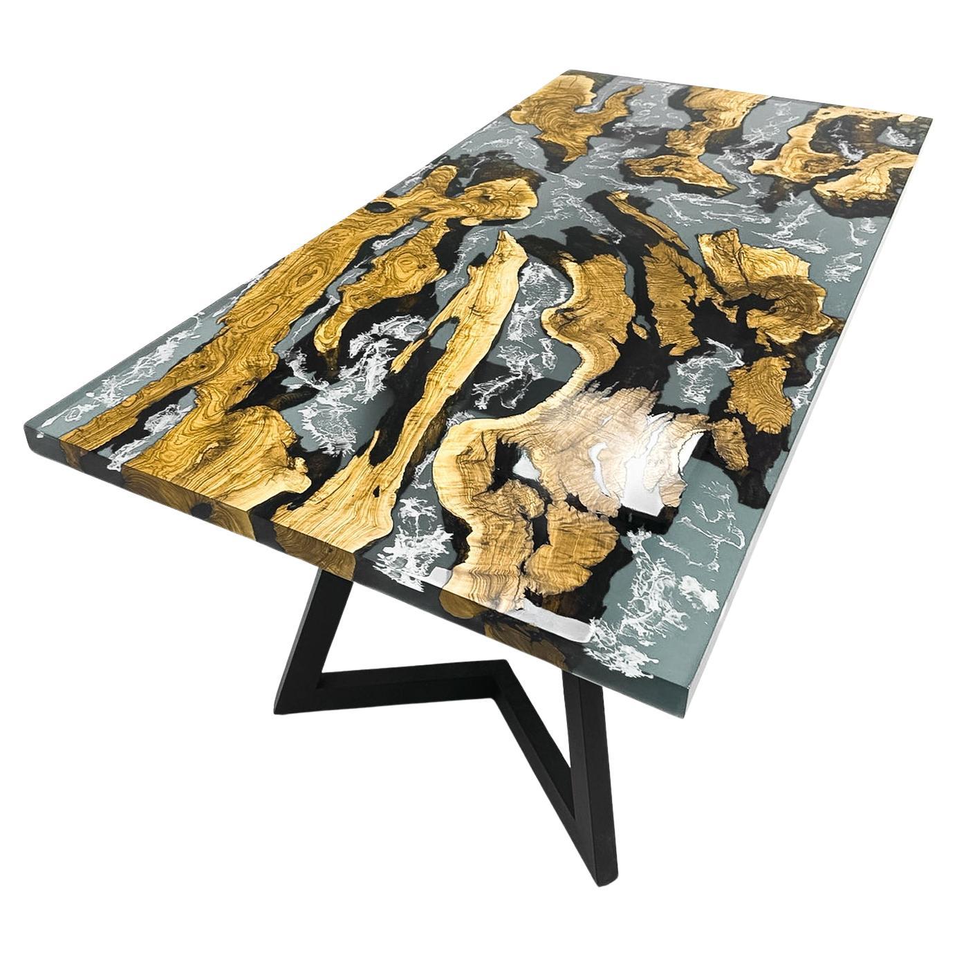 Mesa de comedor de madera resinada epoxi de olivo - Mesa de río de resina