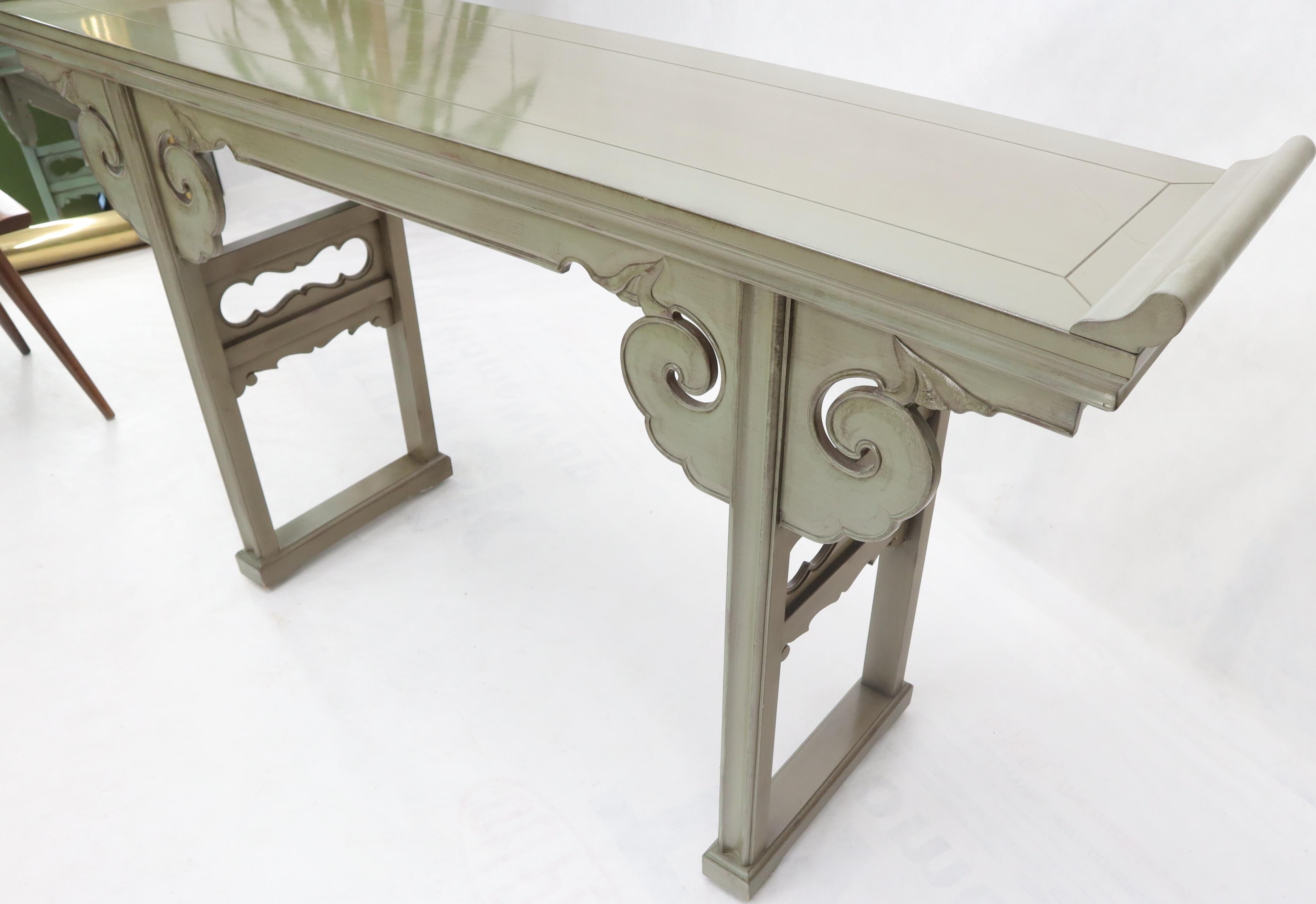 20th Century Olive Faux Paint Enamel Finish Carved Base Console Table with Rolled Edges For Sale