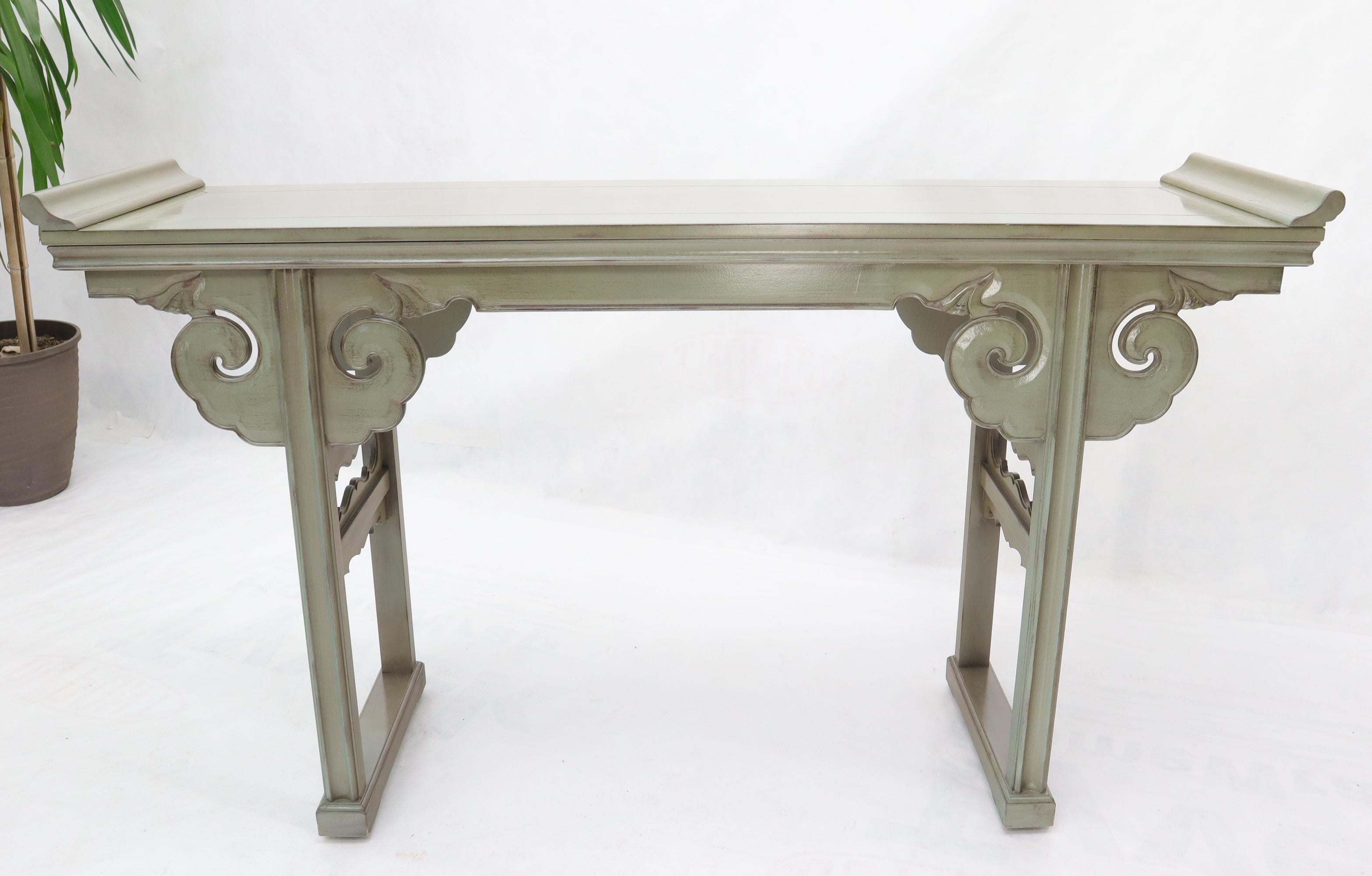 Hardwood Olive Faux Paint Enamel Finish Carved Base Console Table with Rolled Edges For Sale