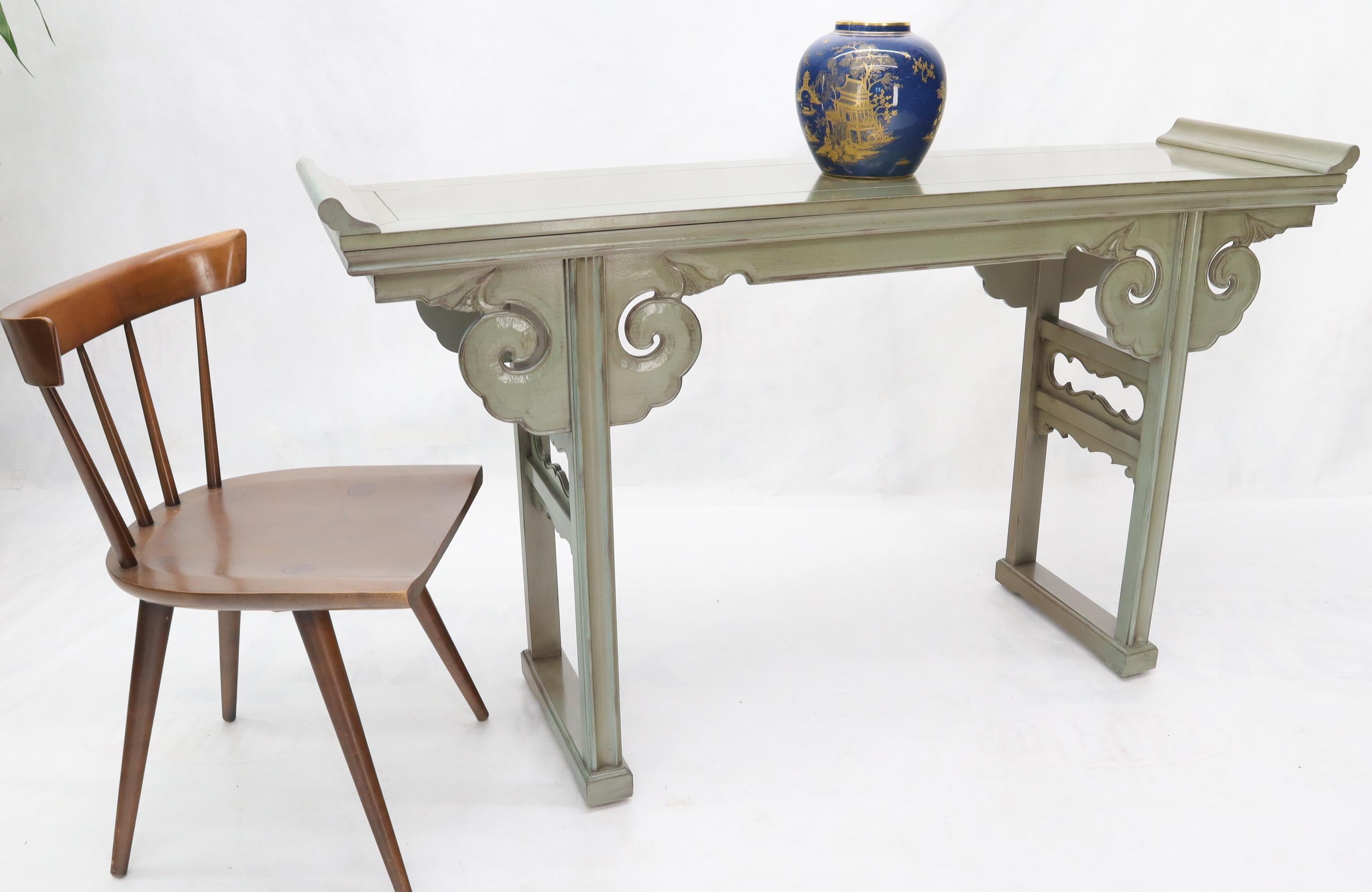 Olive Faux Paint Enamel Finish Carved Base Console Table with Rolled Edges For Sale 1