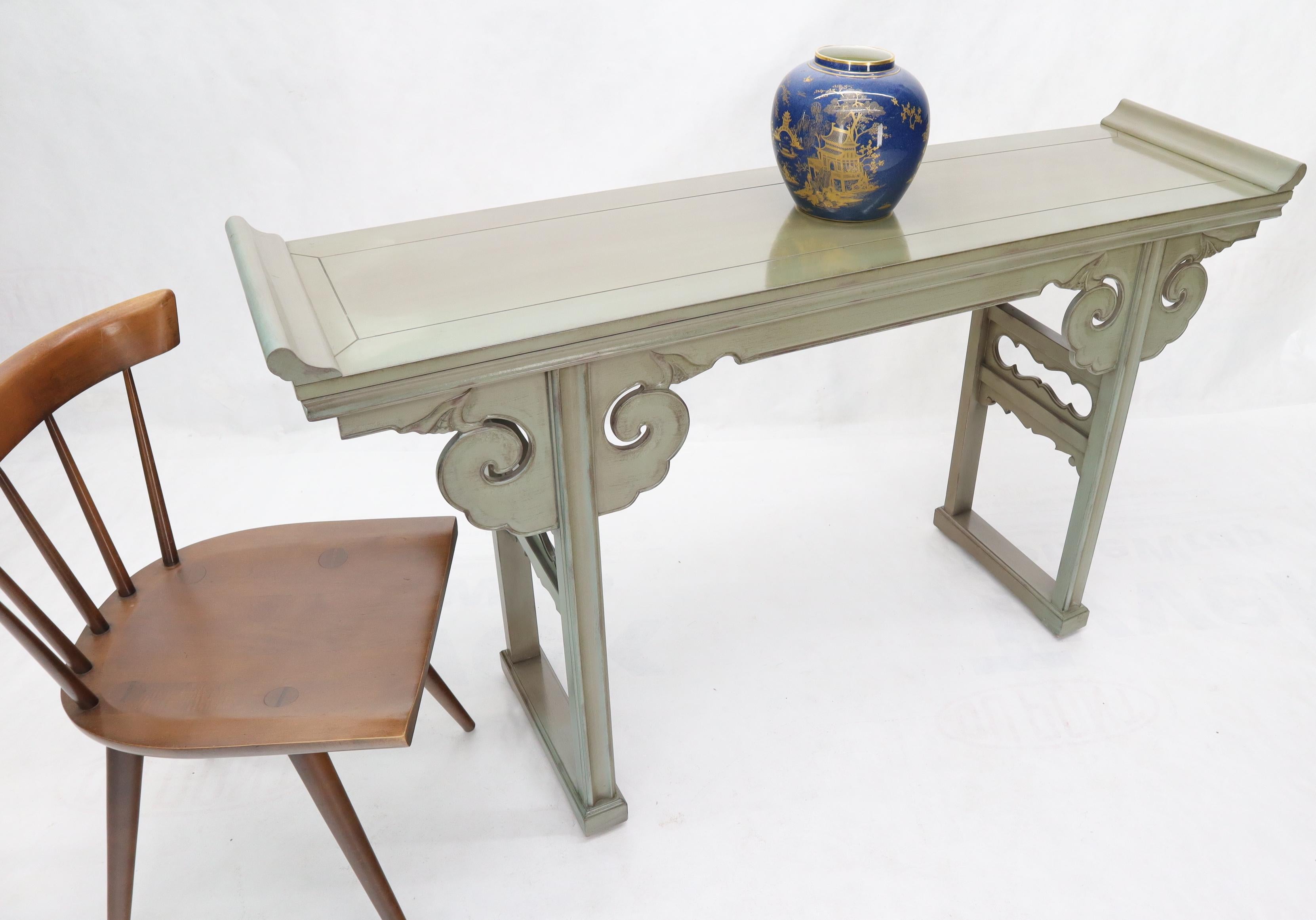 Decorative neutral olive tone finish Asian style painted console table.