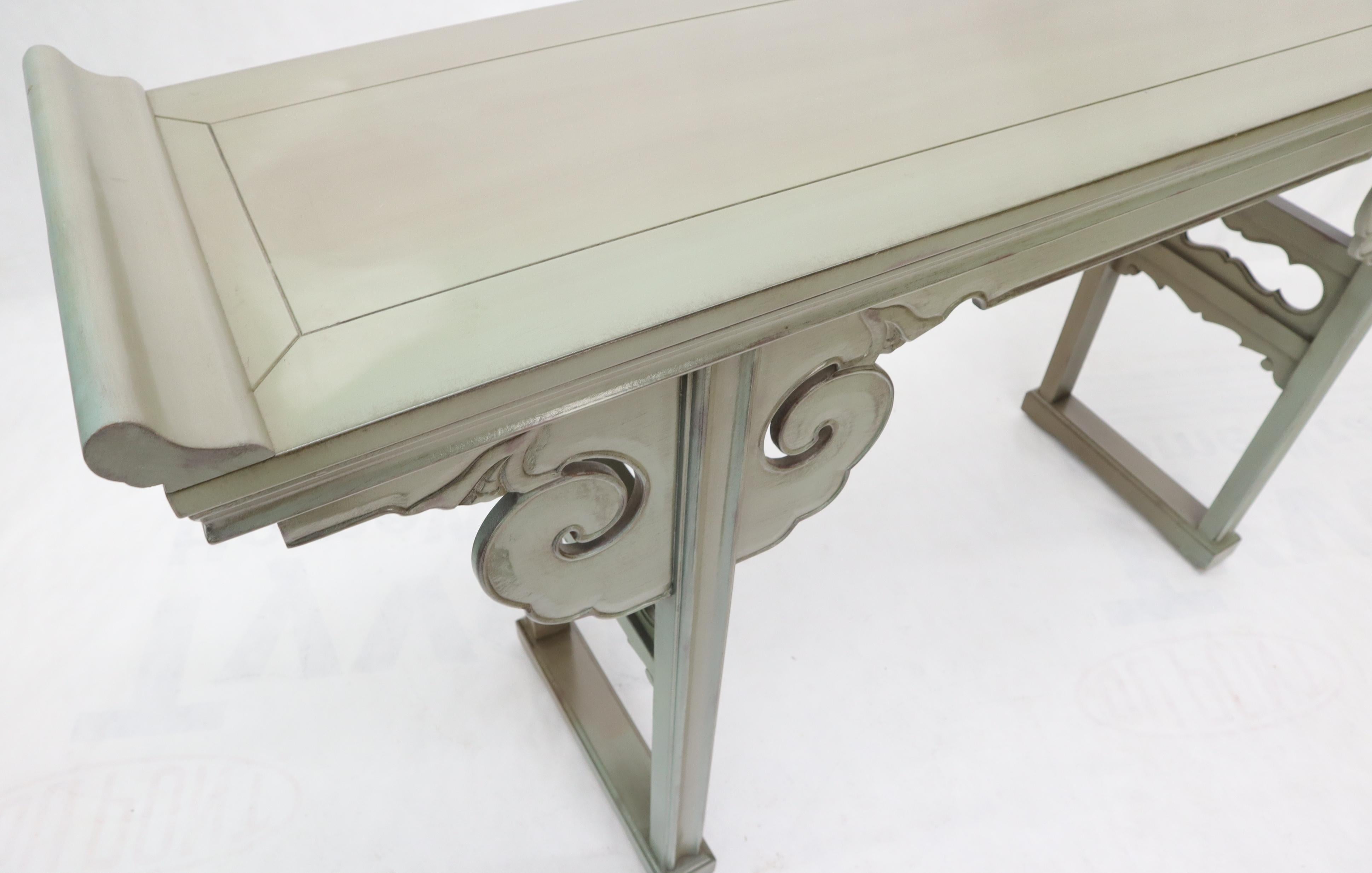 American Olive Faux Paint Enamel Finish Carved Base Console Table with Rolled Edges For Sale