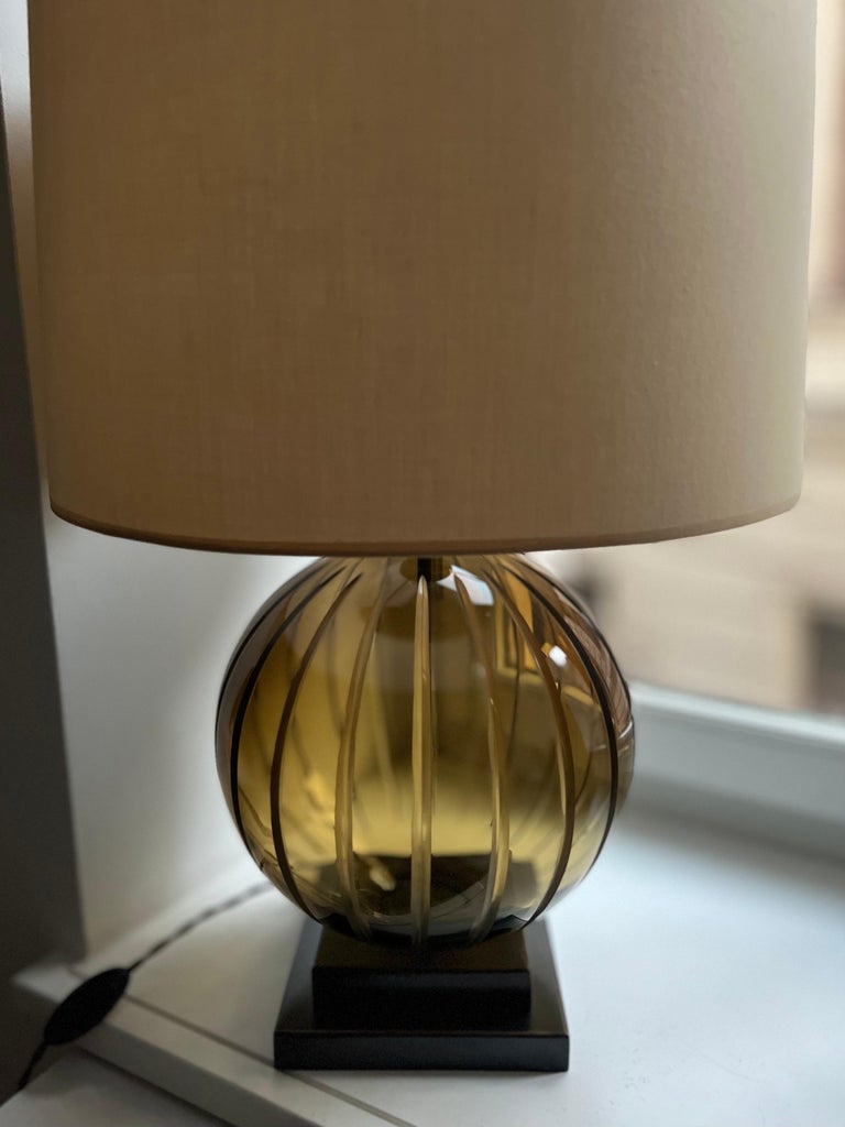 Olive Glass Globe Table Lamp with Cast Metal Base For Sale at 1stDibs
