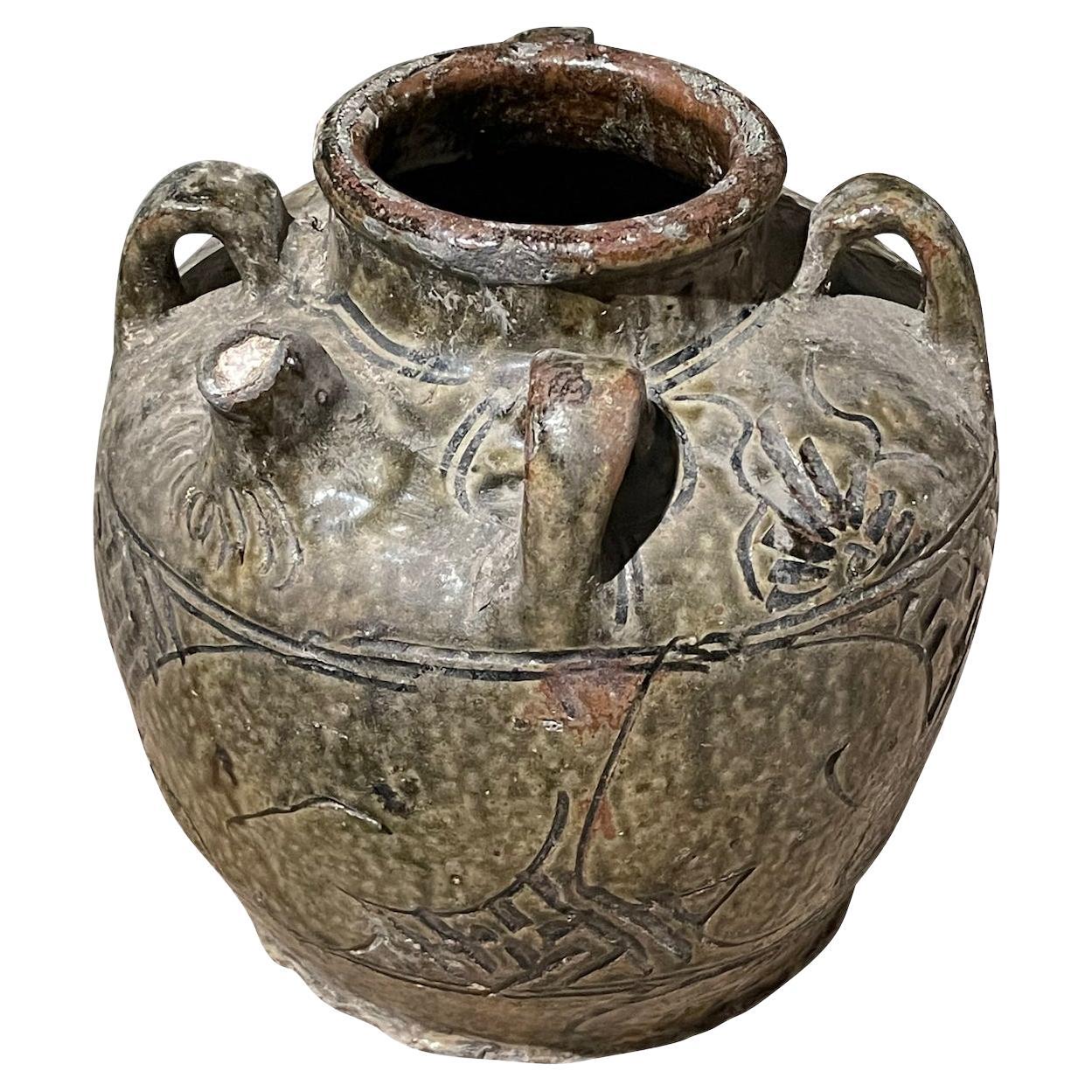 Olive Glazed Four Handled Vase With Spout, China, 19th Century For Sale