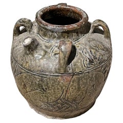 Vase, oliv glasiert, mit vier Henkeln und Löffeln, China, 19. Jahrhundert