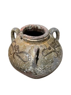 19th Century Chinese Olive Glazed Three Handled Vase, Weathered Patina