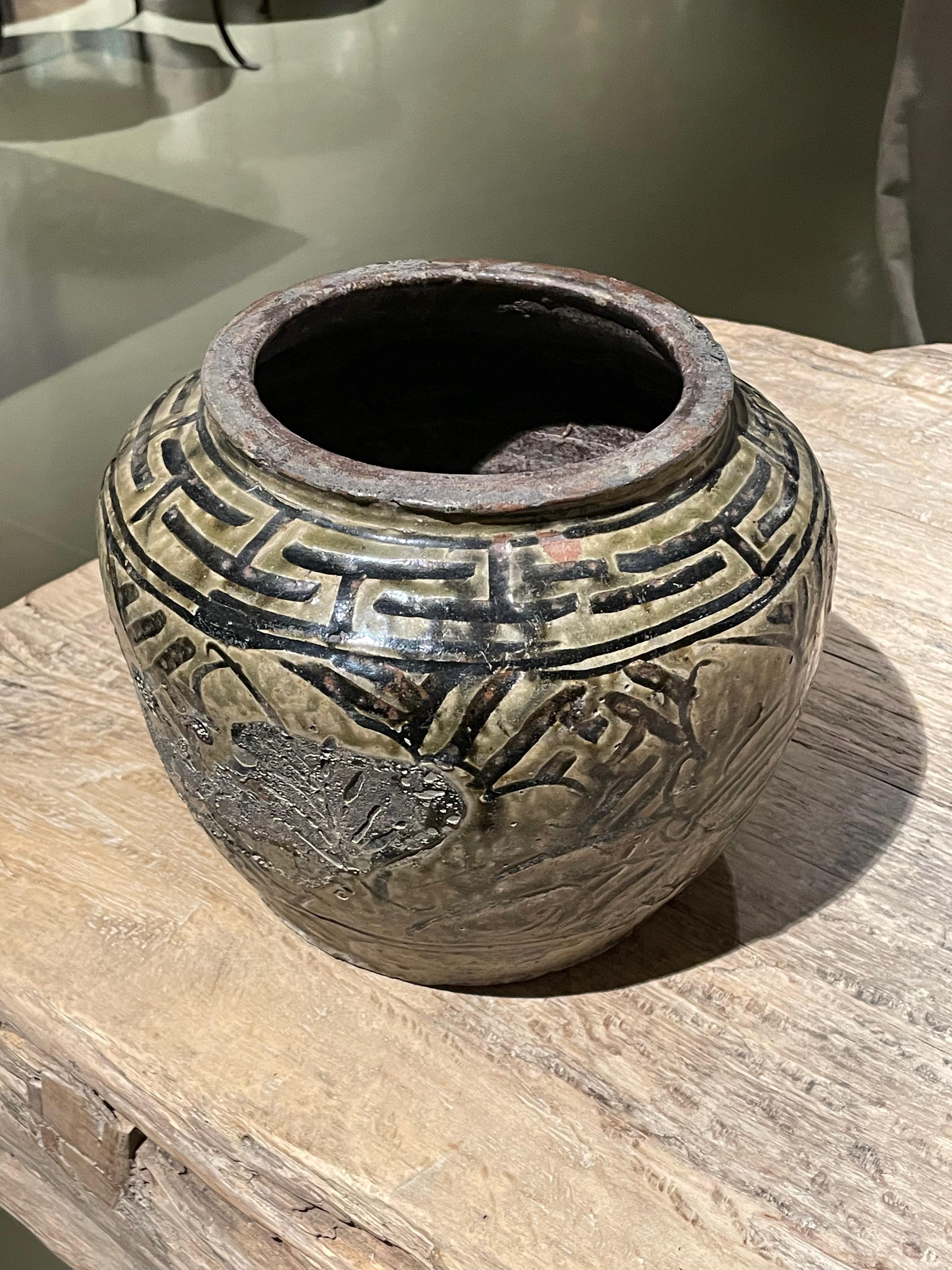 Chinese Olive Glazed With Geometric Design Classic Shaped Pot, China, 19th Century For Sale