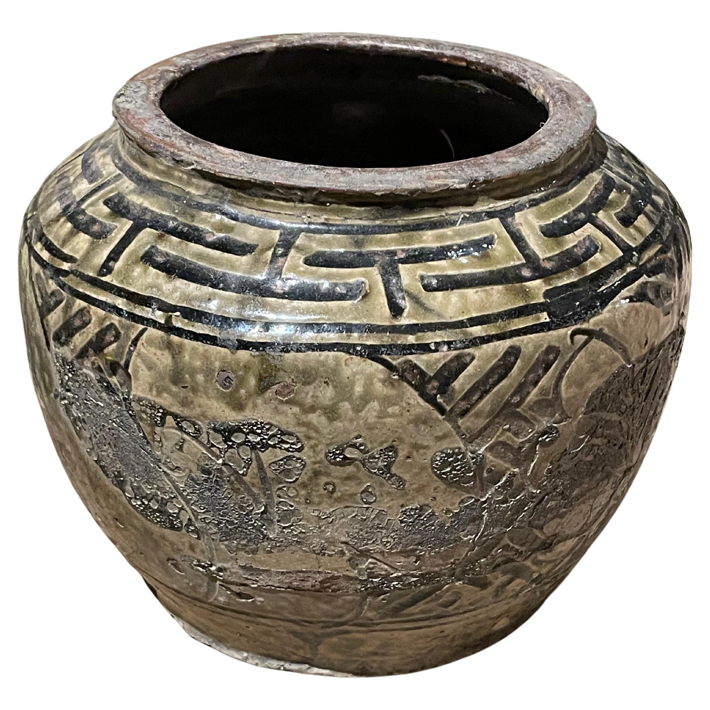 Olive Glazed With Geometric Design Classic Shaped Pot, China, 19th Century For Sale